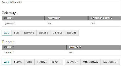 Screen shot of the Gateways and Tunnels lists